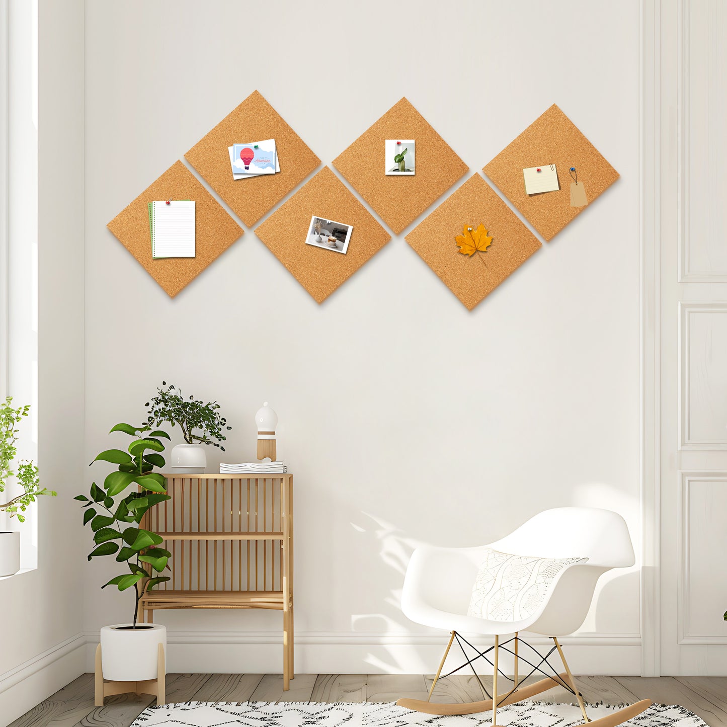 Cork Board Tiles, 6 Packs 12" x 12" 1/2" Thick, Self Adhesive with 60 Pushpins