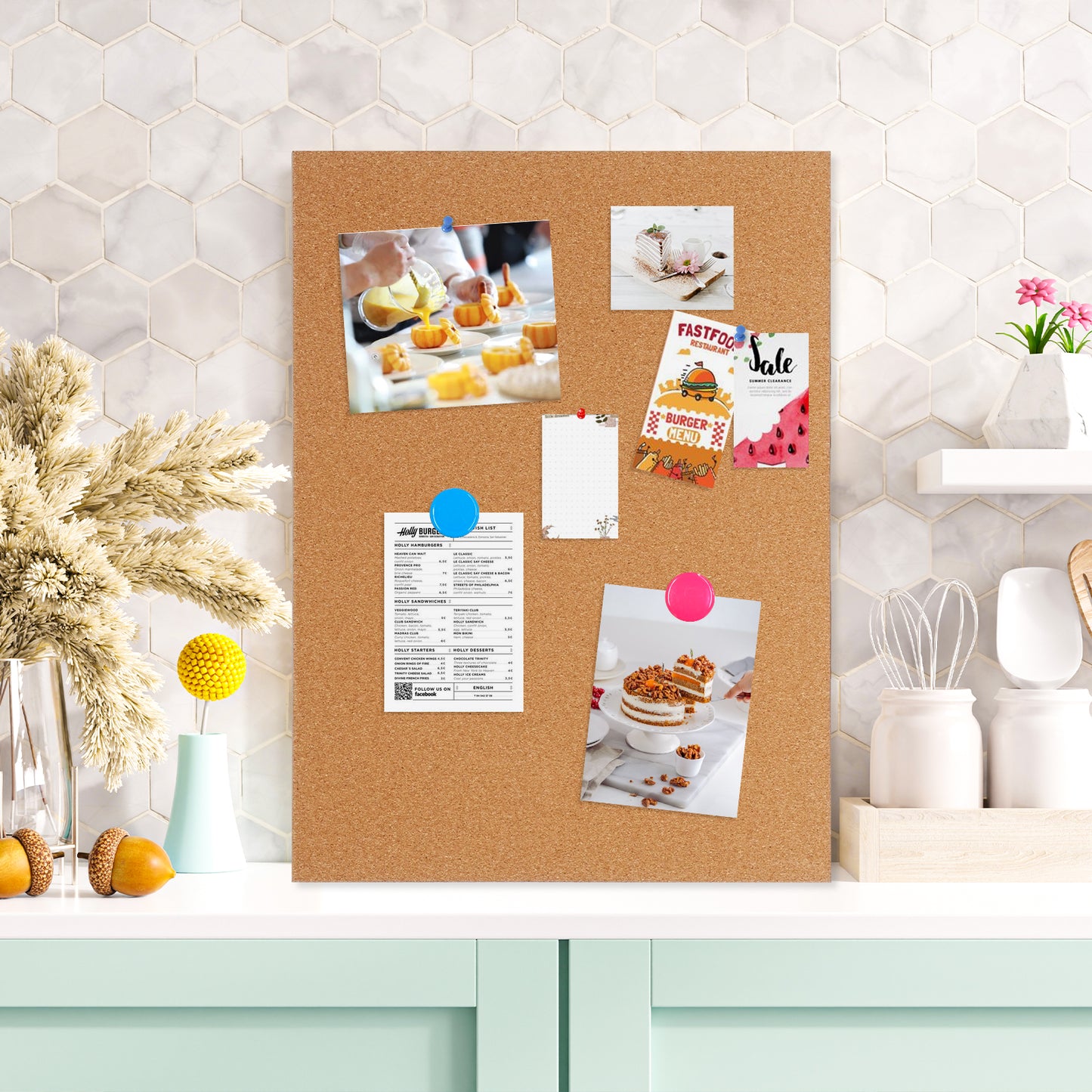 Magnetic Cork Board, 16" x 12", 0.7" Thick Frameless Board with 8 Magnets 10 Pushpins