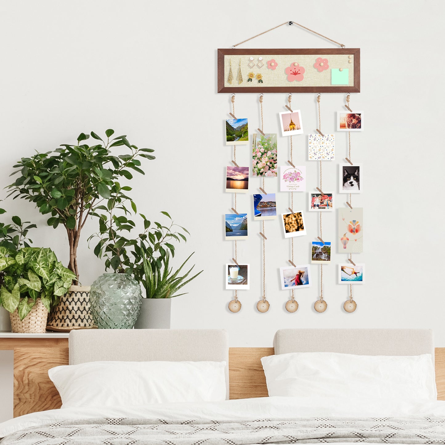 Picture Frames Collage Display Board 15.7''x 35.4'', Wooden Framed Linen Board with Pushpins and 30 Clips