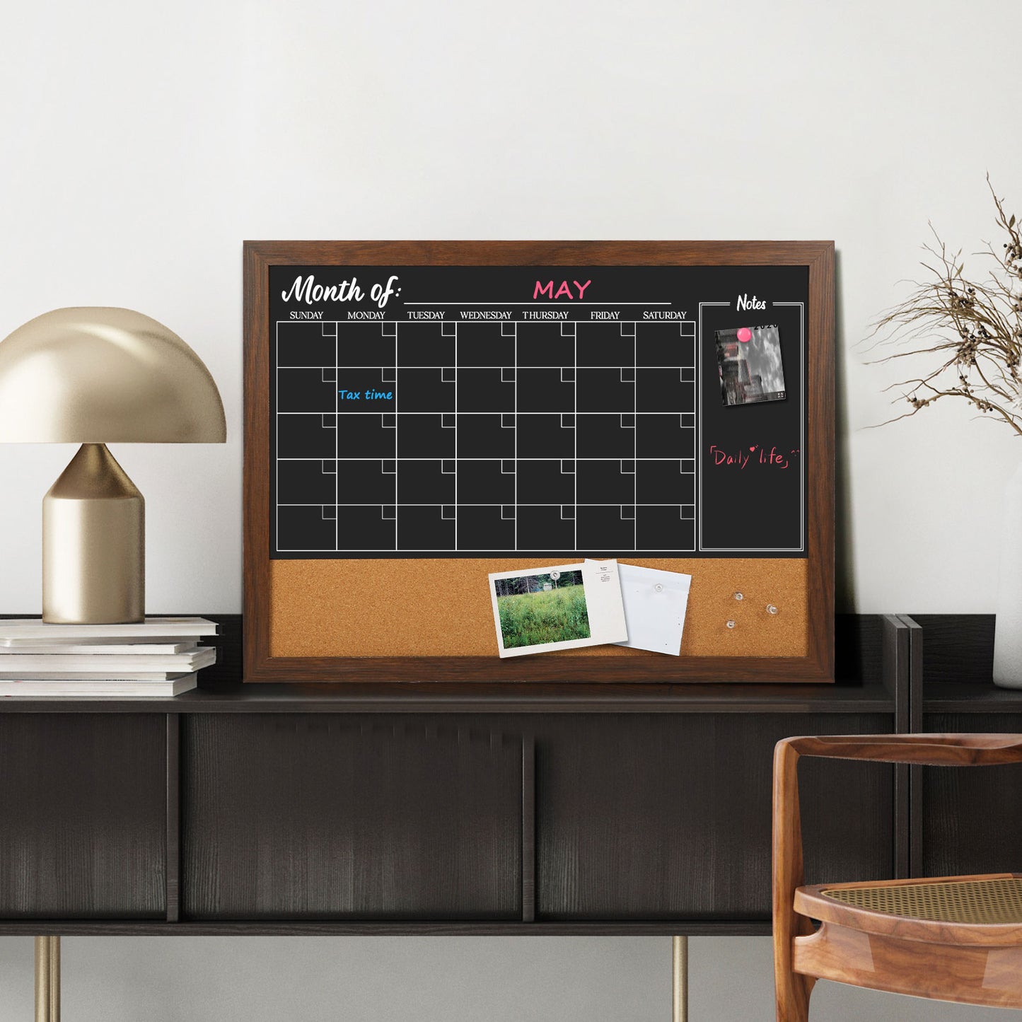 Chalkboard Calendar Corkboard Combo, Magnetic Monthly Planner with 2 Markers 6 Magnets 4 Pushpins