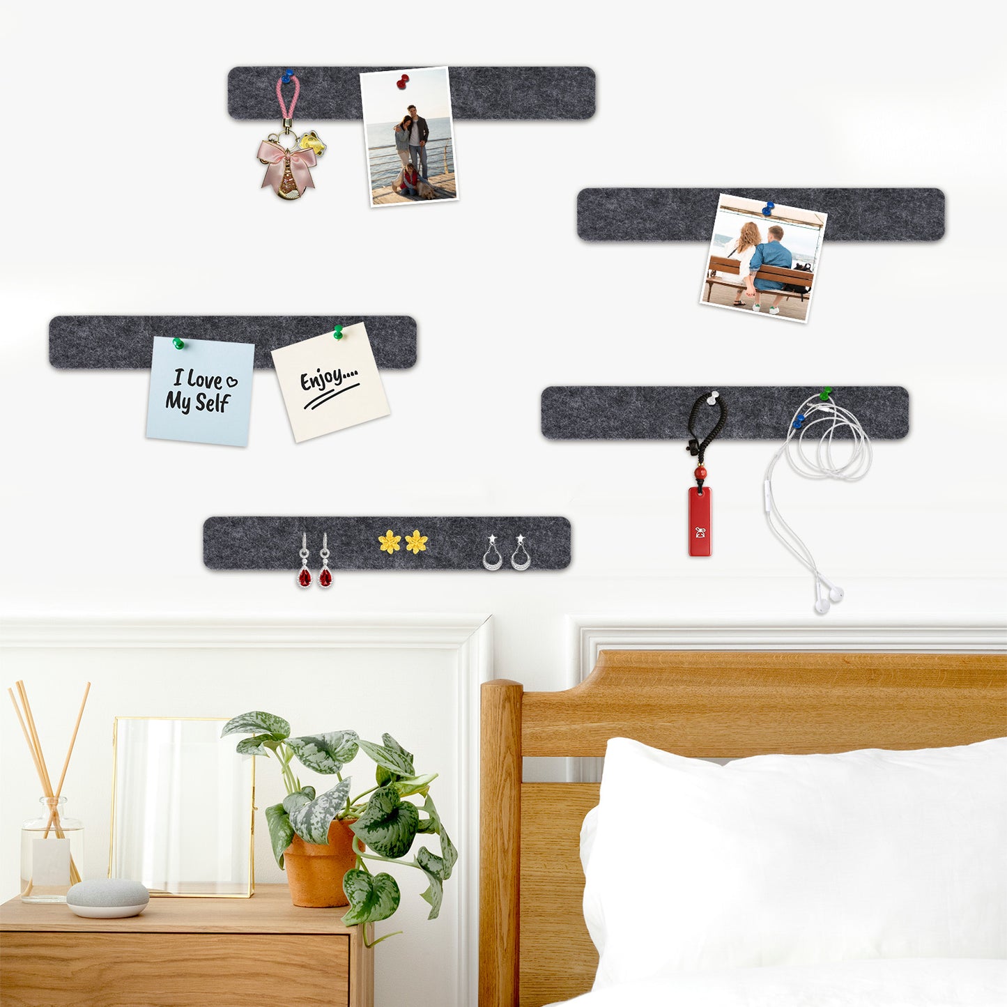 5 Pcs Felt Cork Board Strips, 0.5" Thick, Self-Adhesive 13"x 2" with 30 Pushpins, Grey