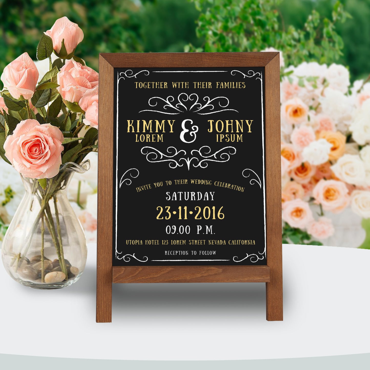 Small Tabletop Chalkboard Signs, 9.5" x 14" Magnetic Chalk Board with Stand Wood Frame-Brown