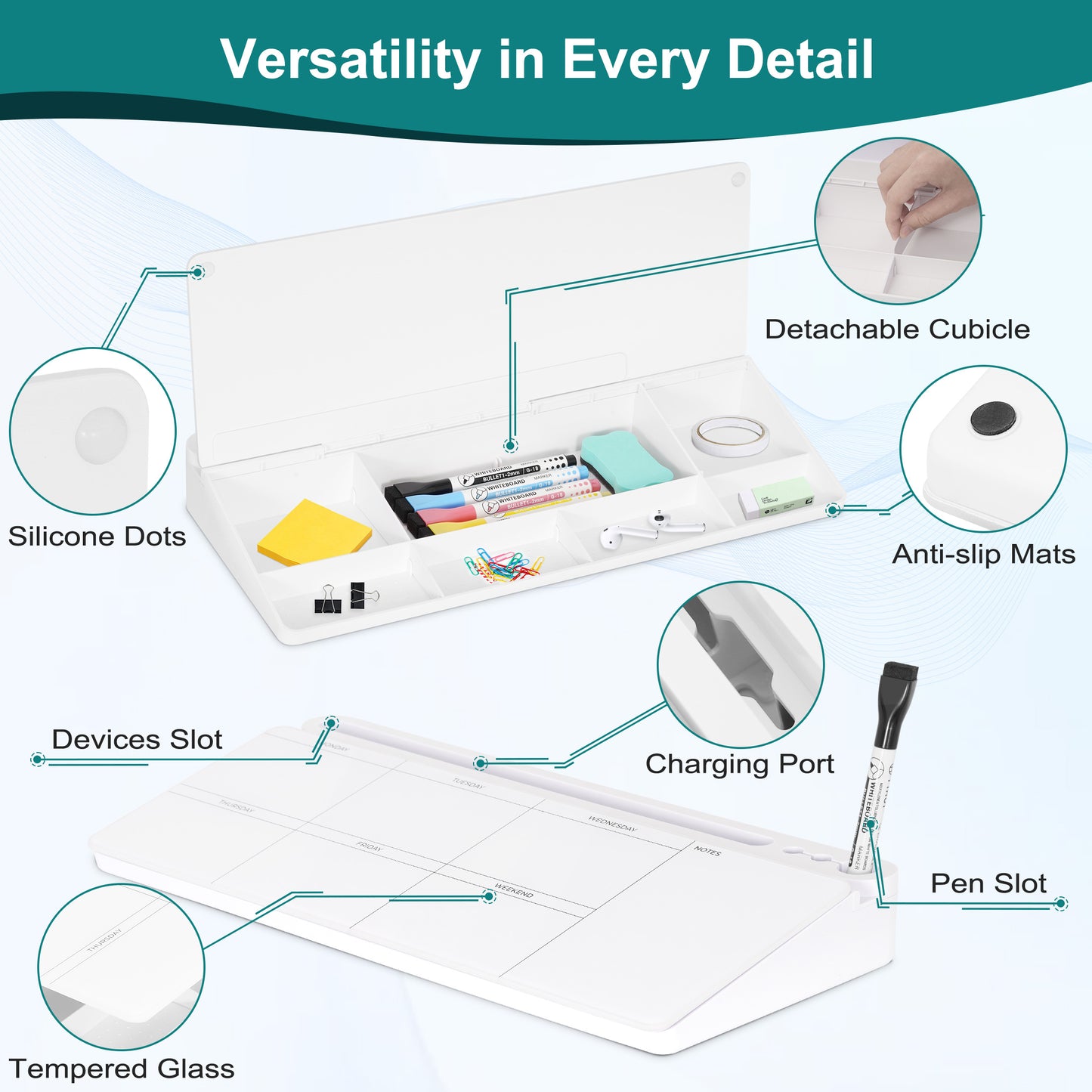 Glass Desktop Whiteboard with Storage, Dry Erase Glass Board Weekly Calendar