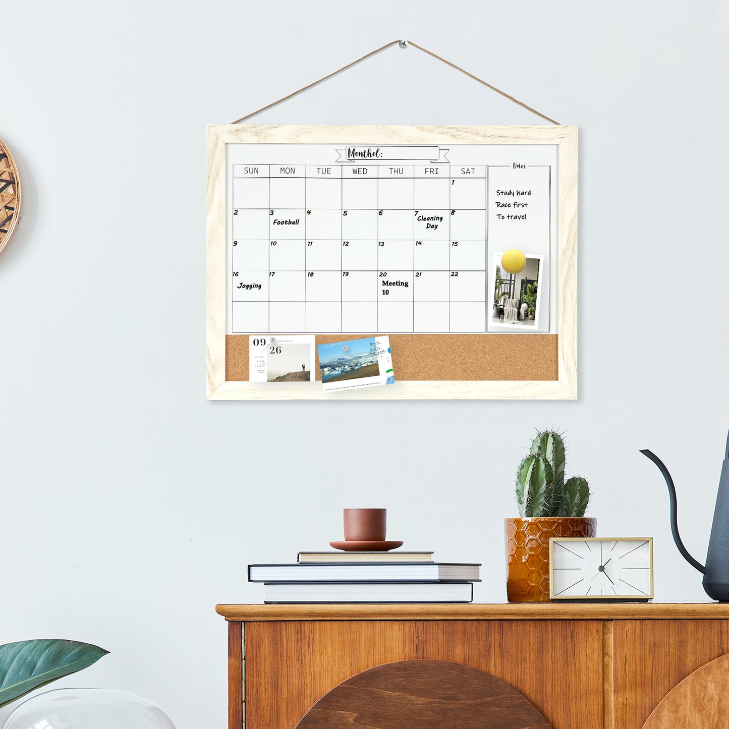 Monthly Whiteboard Calendar & Corkboard for Wall, Magnetic 16"x12" Dry Erase Board with White Wood Framed