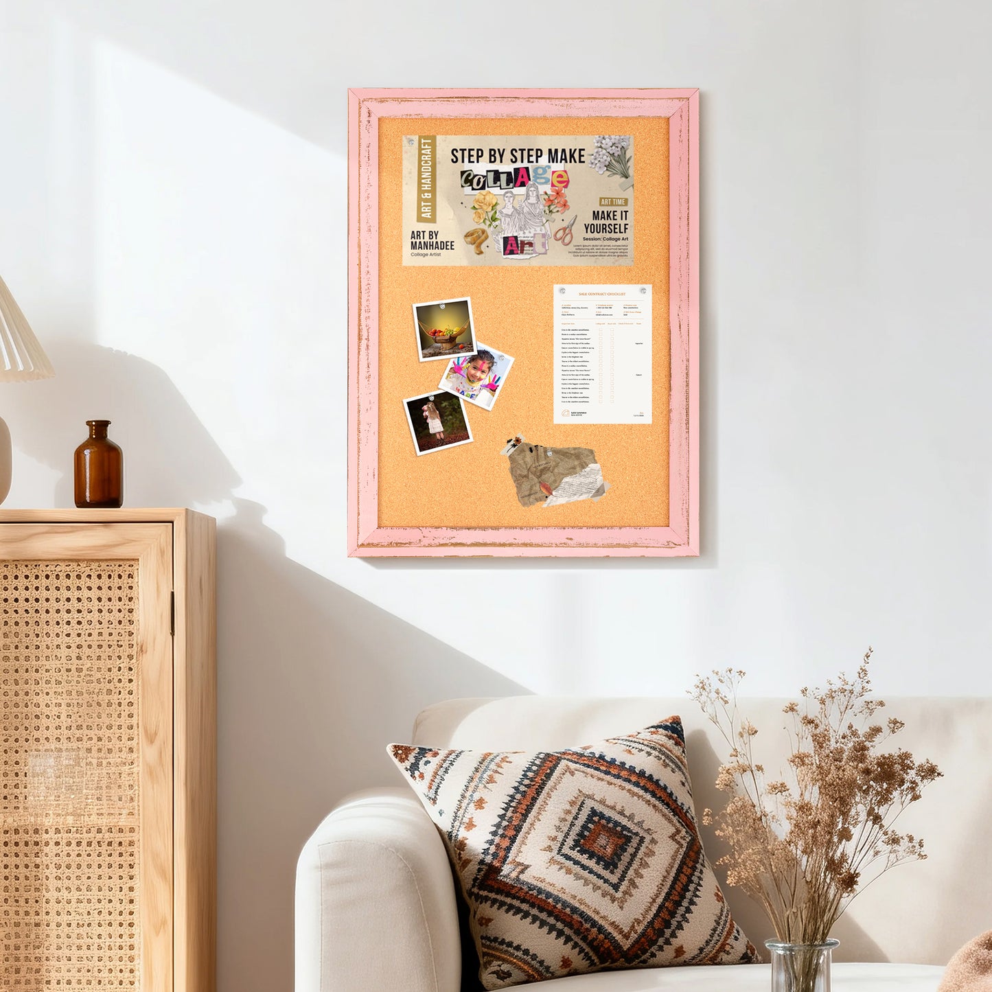 Cork Board for Wall, Bulletin Board Rustic Wooden Frame with 10 Pushpins, Pink