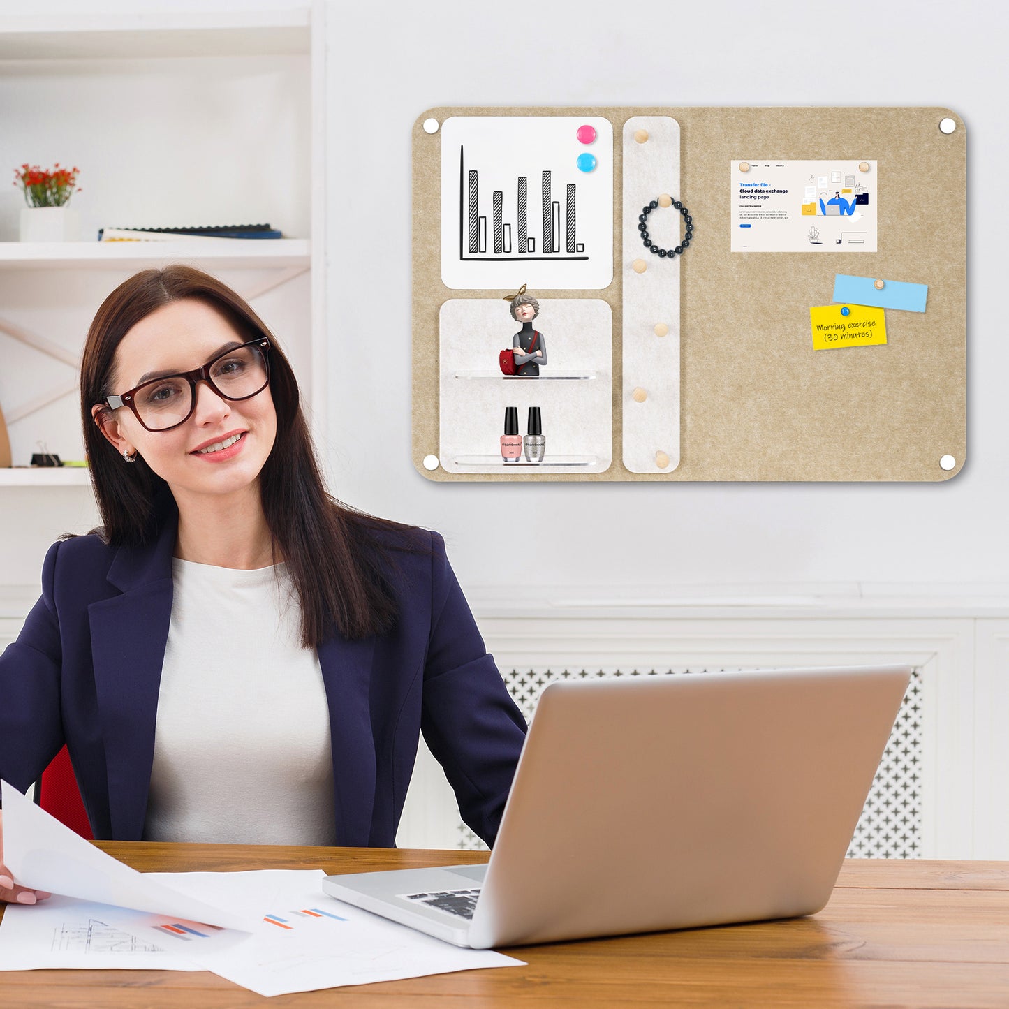 Felt Bulletin Board 24 x 16 In Foldable with Magnetic Whiteboard Dry Erase, Peg Board Acrylic Shelf, Horizonal Latte