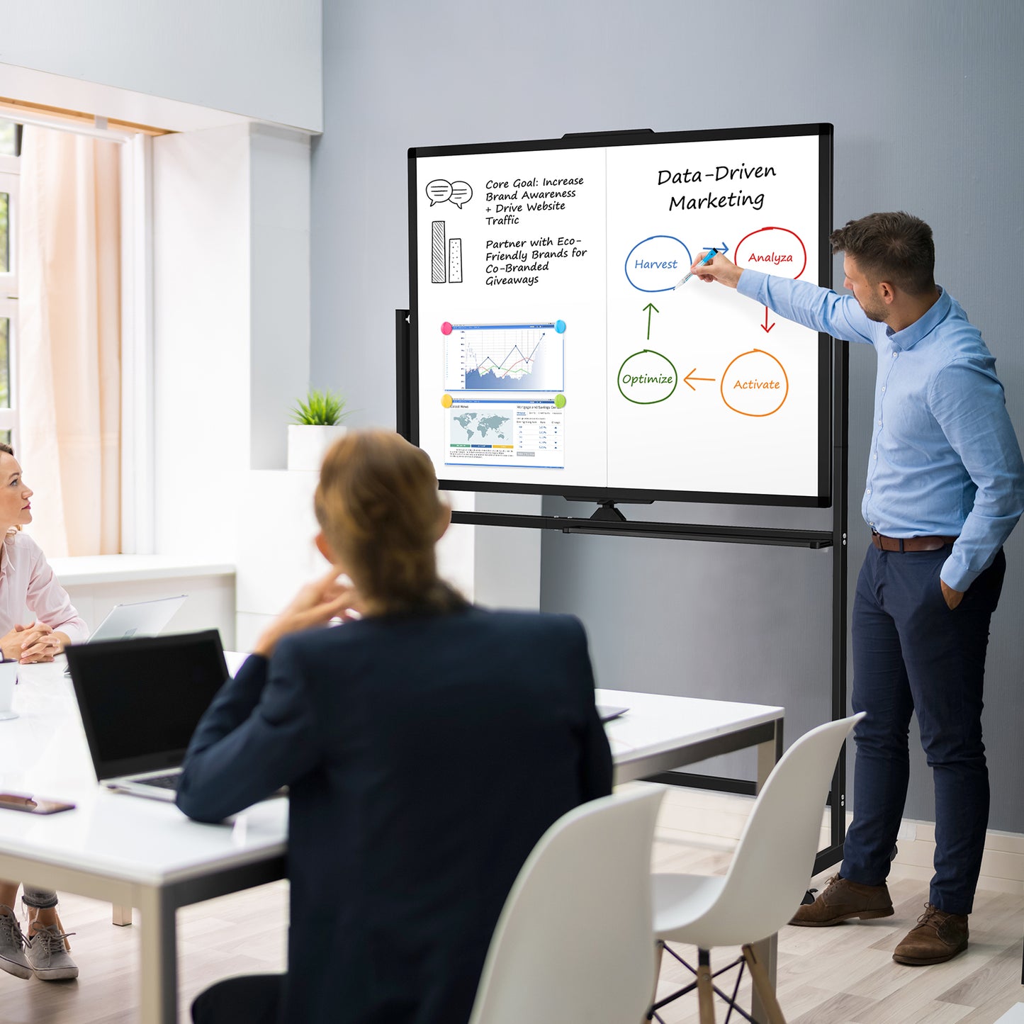 Rolling Dry Erase Board 48 x 36 Double Sided Easel Style Whiteboard with Wheels Mobile Standing White Board with Stand for Office, Classroom & Home, Black
