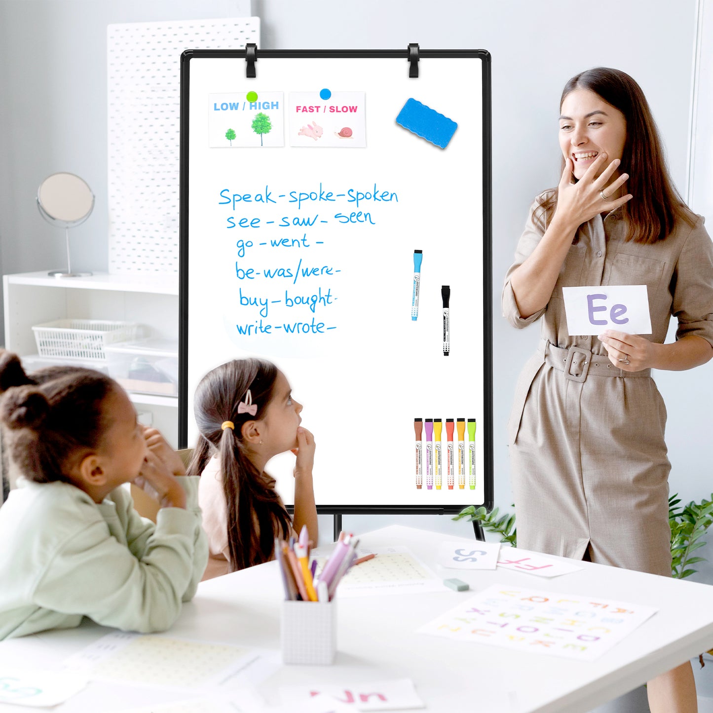 Whiteboard Easel with Tripod Stands, 36" x 24", Height Adjustable, with 8 Markers 8 Magnets 1 Eraser-Black