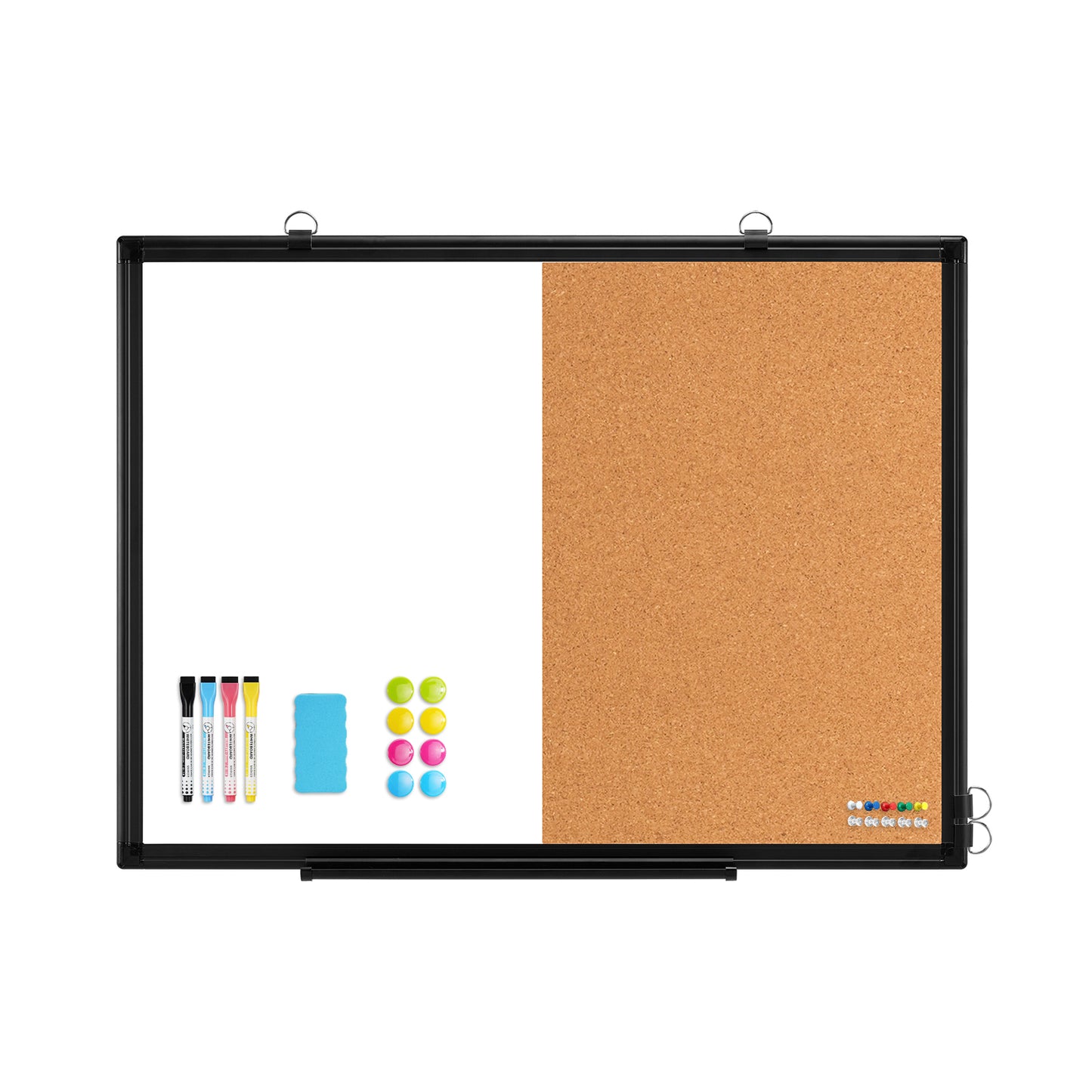 Whiteboard Corkboard Combo, Double-Sided Dry Erase Board with 4 Markers 6 Magnets 10 Pins 1 Eraser-Black