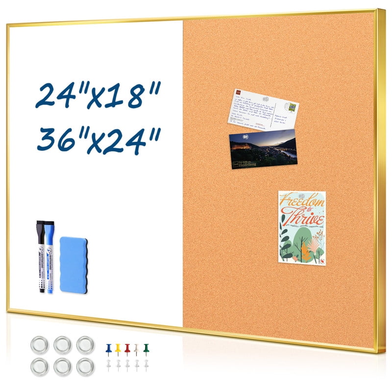 Cork Board Magnetic Dry Erase Board Combo Lage Whiteboard and Bulletin Board Combination Gold Frame