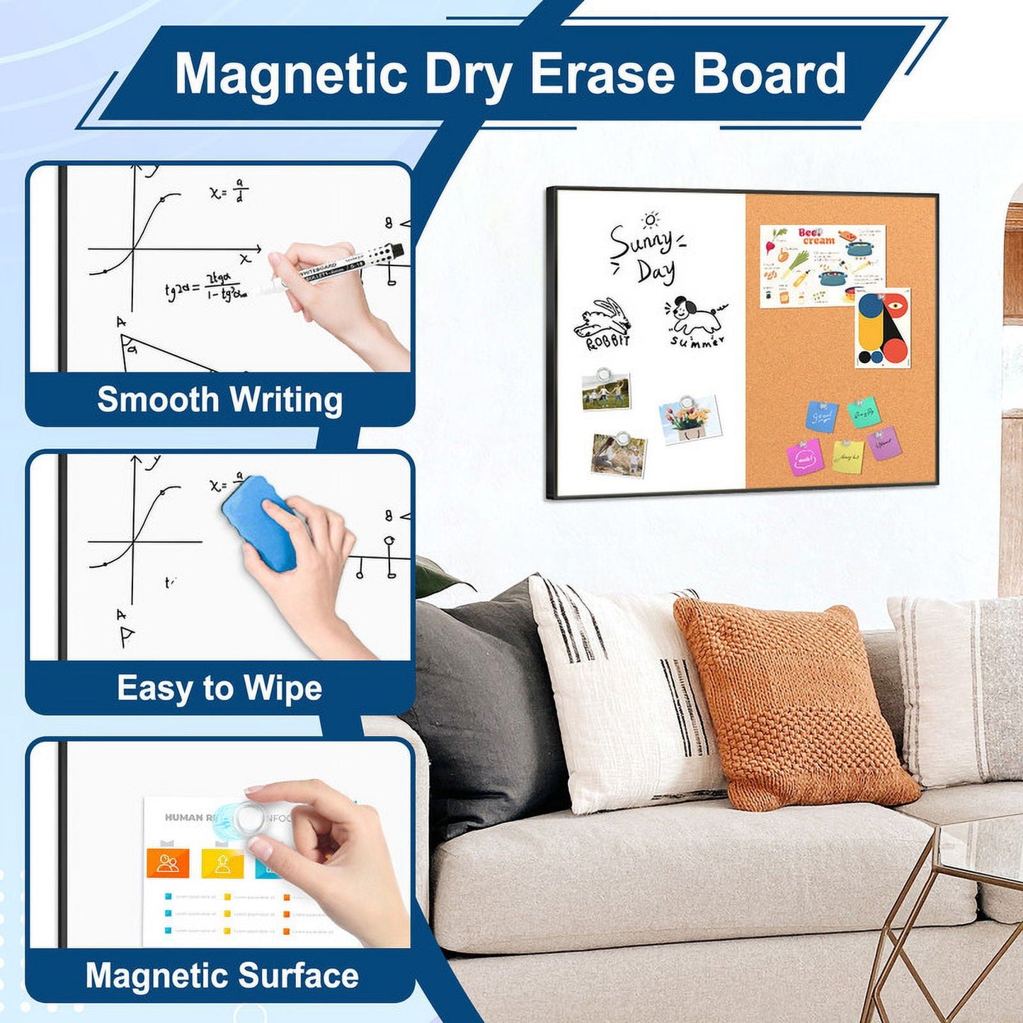 Combination Magnetic Whiteboard Cork Bulletin Board Combo Dry Erase White Board for Wall Cork Pin Board