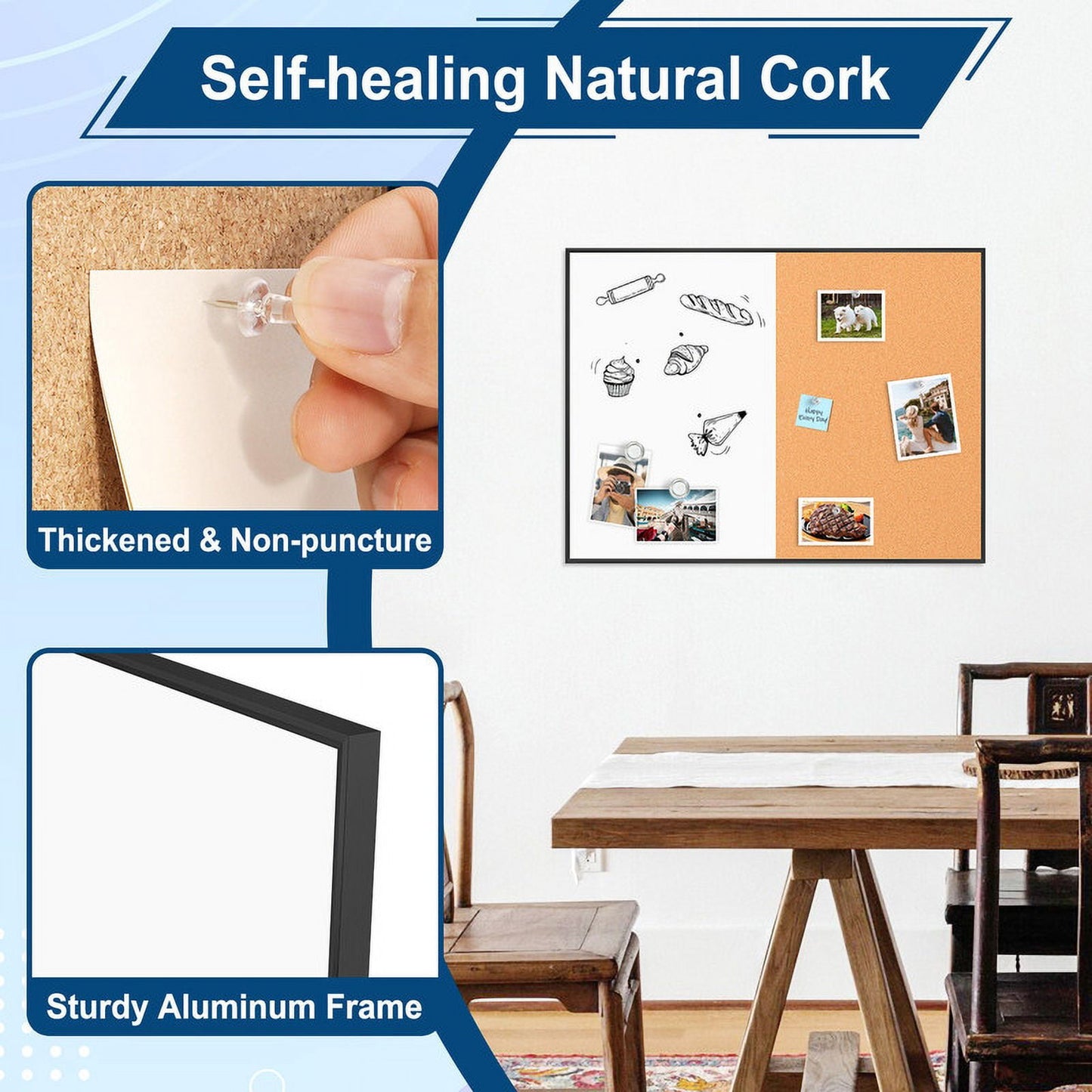 Combination Magnetic Whiteboard Cork Bulletin Board Combo Dry Erase White Board for Wall Cork Pin Board