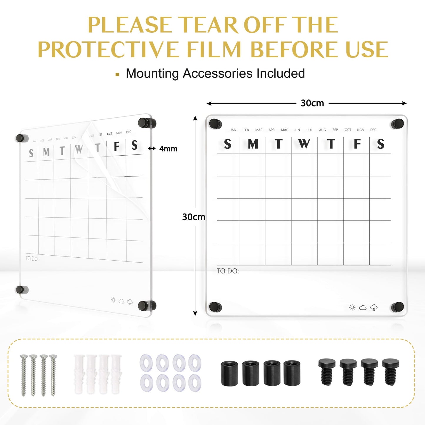 Reusable Acrylic Wall Calendar Clear Acrylic Monthly Wall Mounted Calendar Non-Magnetic 12x12 in Month Planner Memo Board