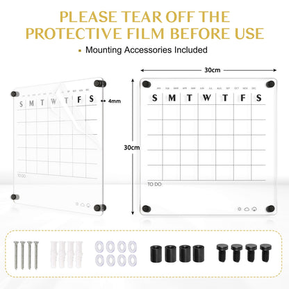 Reusable Acrylic Wall Calendar Clear Acrylic Monthly Wall Mounted Calendar Non-Magnetic 12x12 in Month Planner Memo Board