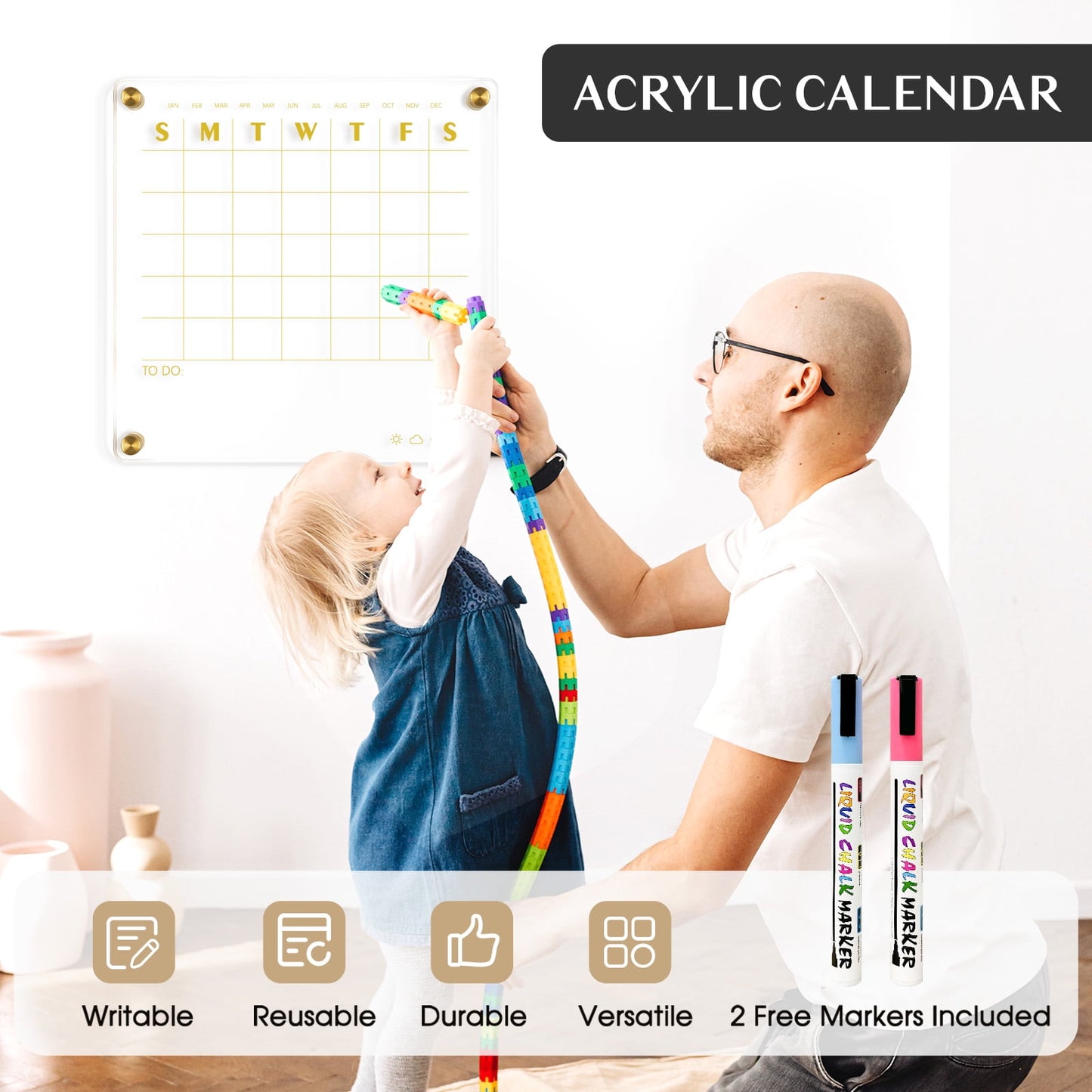 Acrylic Calendar for Wall Small 12x12 inch Golden Clear Dry Erase Board Non-Magnetic Planner Wall Mounted Board
