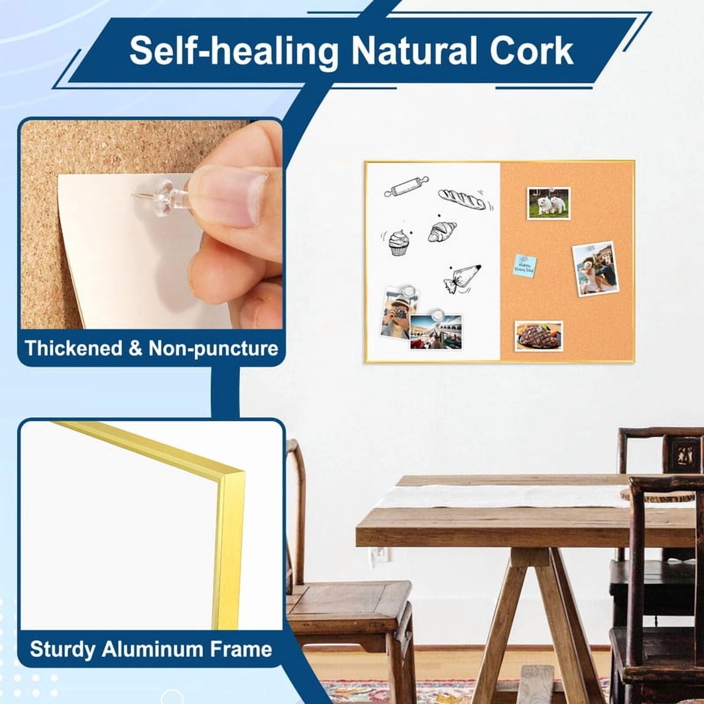 Cork Board Magnetic Dry Erase Board Combo Lage Whiteboard and Bulletin Board Combination Gold Frame