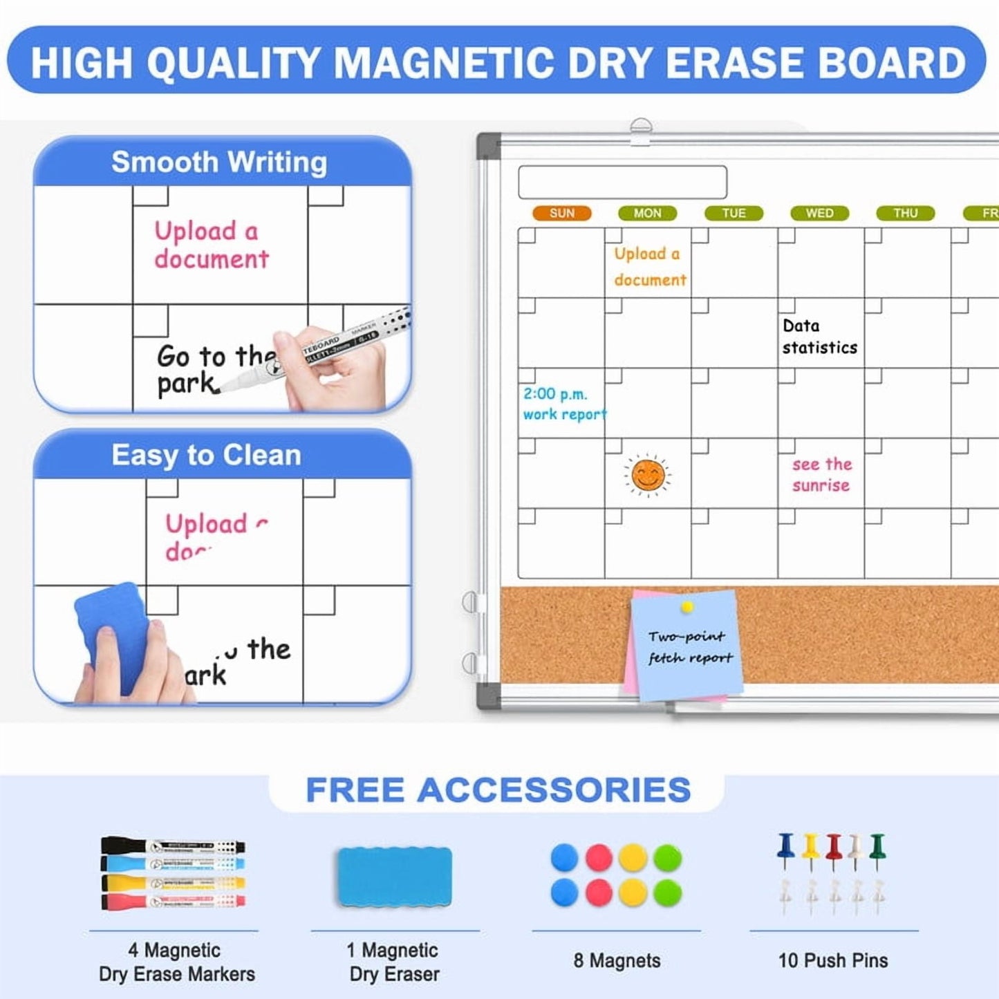 Magnetic Whiteboard Calendar Whiteboard Dry Erase Cork Board Combination Double-Sided Monthly White Boar for Wall