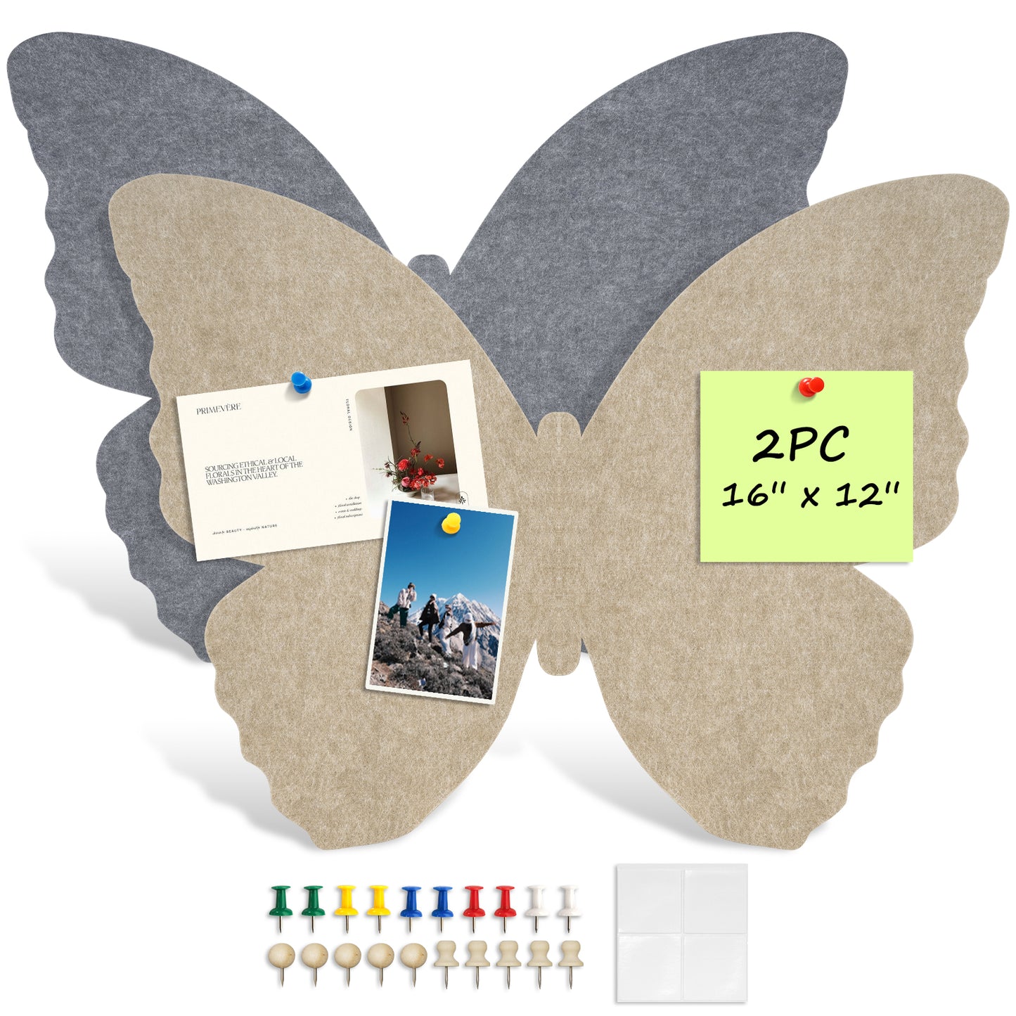 Felt Bulletin Board 2PCS Butterfly Stickers 3d Baby Wall Decor with 20 Push Pins, Latte & Grey