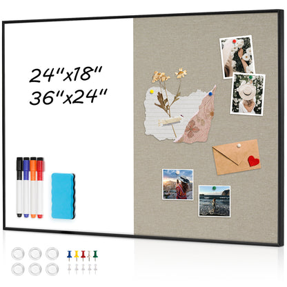 Linen Bulletin Board Whiteboard Combo 24"X18" Dry Erase Cork Board Combo Whiteboard with Grey Linen
