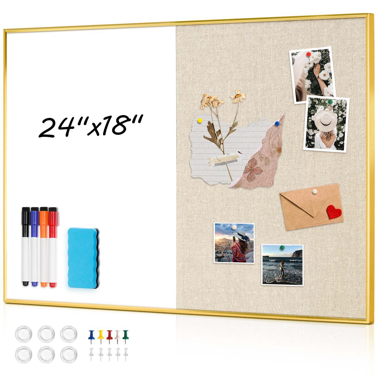 Linen Bulletin Board Whiteboard Combo 24"X18" Dry Erase Cork Board Combo Whiteboard with Beige Linen