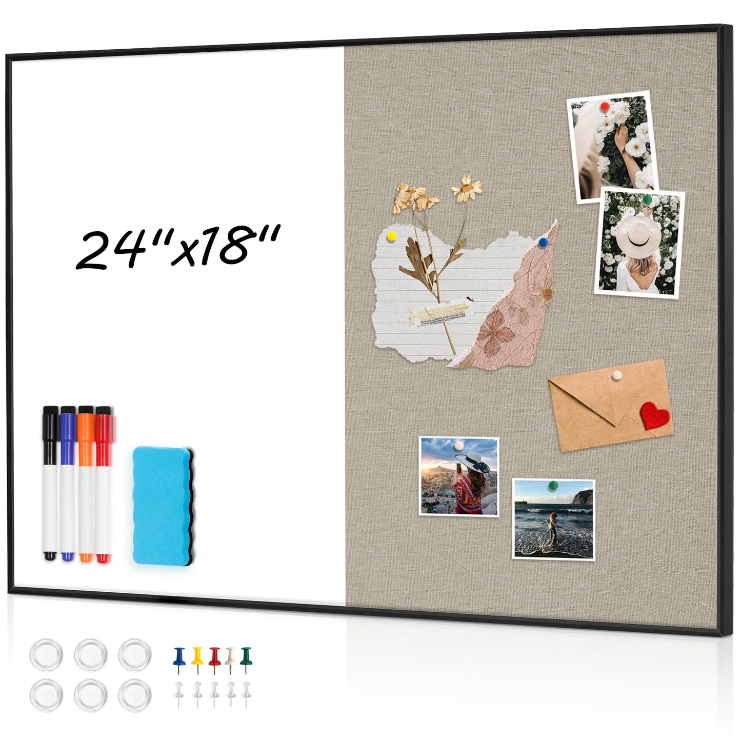 Linen Bulletin Board Whiteboard Combo 24"X18" Dry Erase Cork Board Combo Whiteboard with Grey Linen