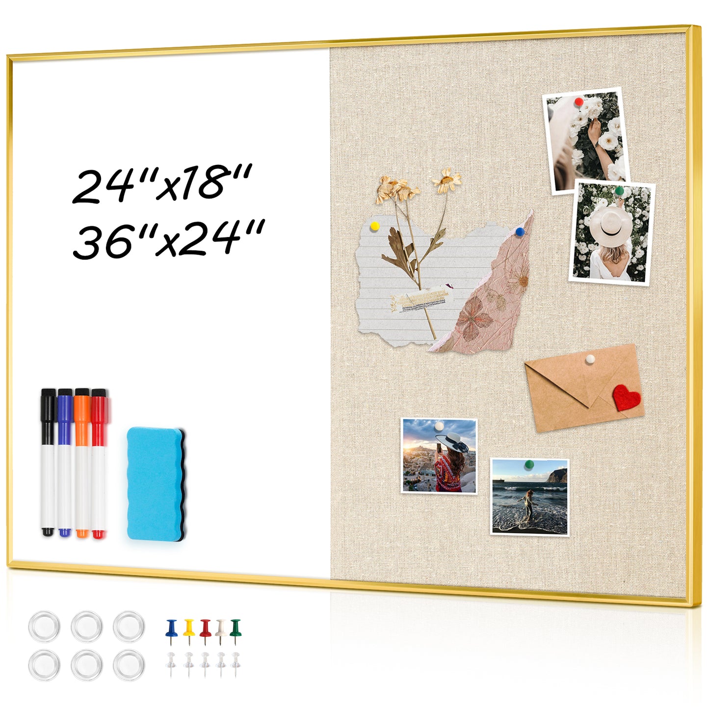 Linen Bulletin Board Whiteboard Combo 24"X18" Dry Erase Cork Board Combo Whiteboard with Beige Linen