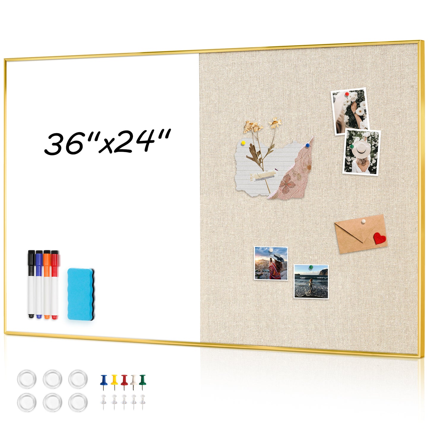 Linen Bulletin Board Whiteboard Combo 24"X18" Dry Erase Cork Board Combo Whiteboard with Beige Linen