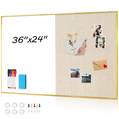 Linen Bulletin Board Whiteboard Combo 24"X18" Dry Erase Cork Board Combo Whiteboard with Beige Linen
