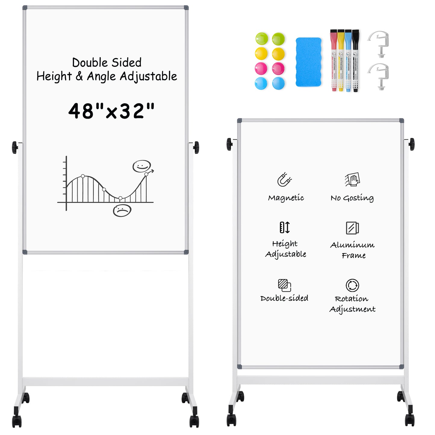 Rolling Whiteboard on Wheels, 48"x32" Height Adjustable Whiteboard Double-Sided Magnetic Dry Erase Board with Stand