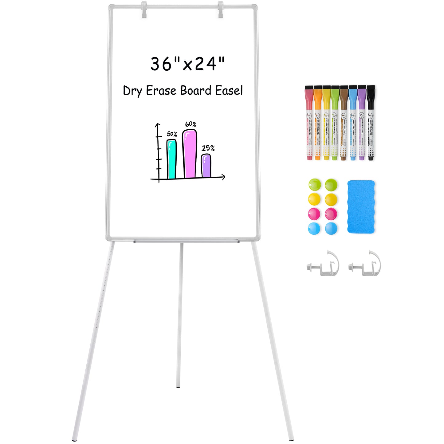 Whiteboard Easel with Stand 36" x 24" Height Adjustable Tripod Stand Portable Magnetic Dry Erase White Board, Sliver