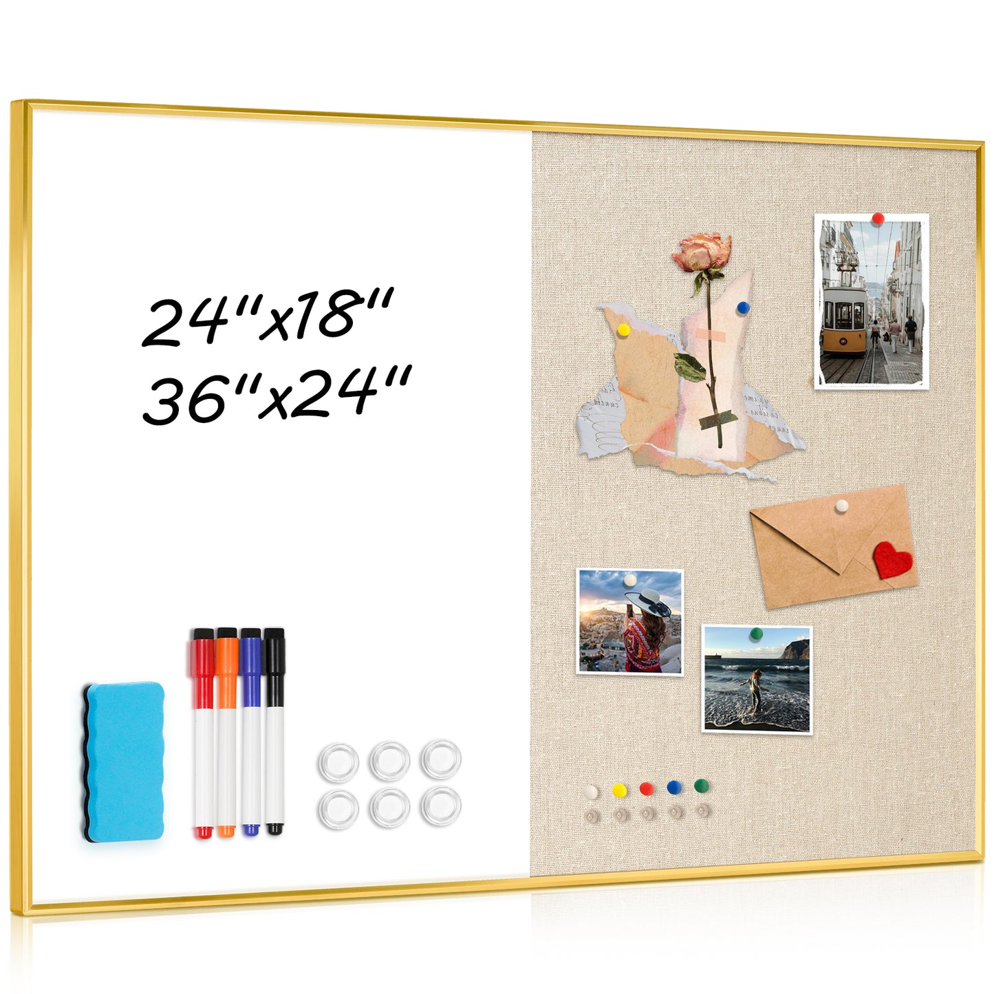 Linen Bulletin Board Whiteboard Combo 24"X18" Dry Erase Cork Board Combo Whiteboard with Beige Linen