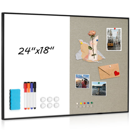 Linen Bulletin Board Whiteboard Combo 24"X18" Dry Erase Cork Board Combo Whiteboard with Grey Linen