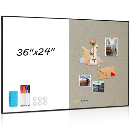 Linen Bulletin Board Whiteboard Combo 24"X18" Dry Erase Cork Board Combo Whiteboard with Grey Linen