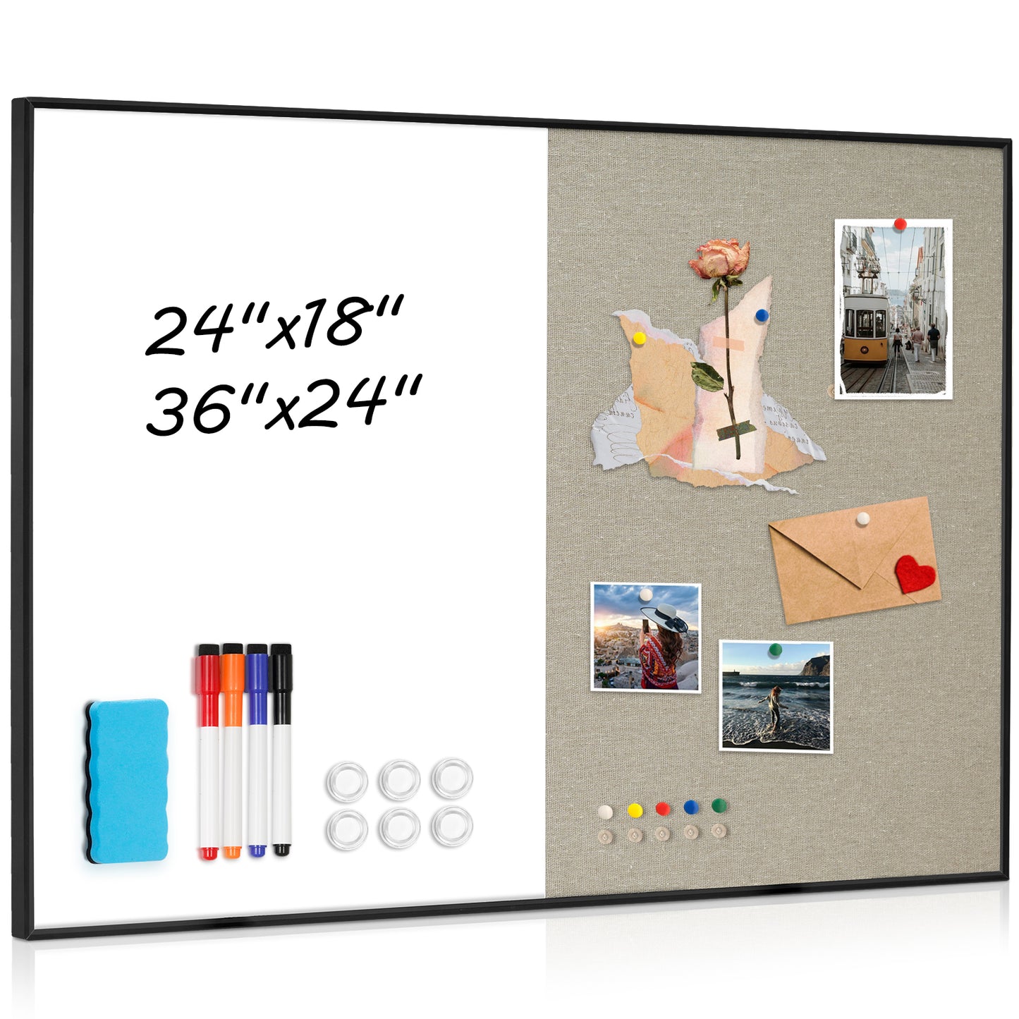 Linen Bulletin Board Whiteboard Combo 24"X18" Dry Erase Cork Board Combo Whiteboard with Grey Linen