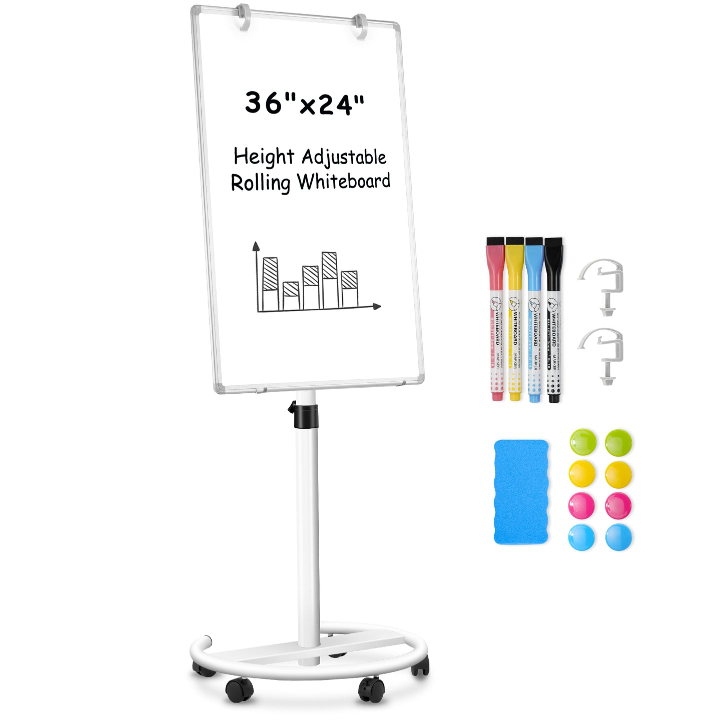 Mobile Whiteboard 36 x 24 inches Portable Magnetic Dry Erase Board, Height Adjustable 3' x 2' Standing Easel White Board