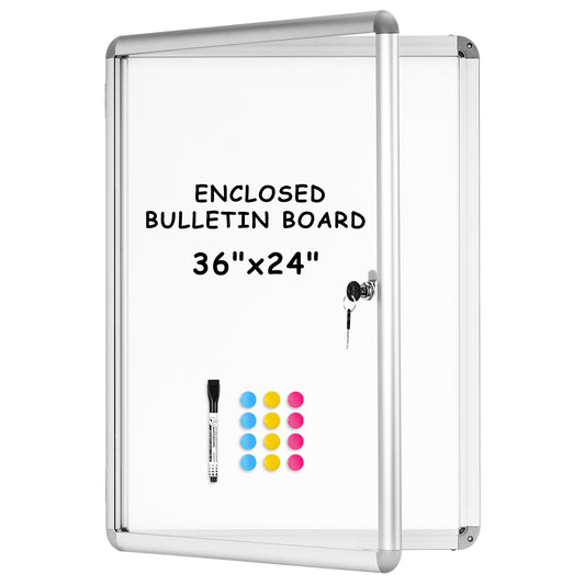 Lockable Notice Board 36"x24" Tamperproof Enclosed Display Board Whiteboard Cabinet, Sliver