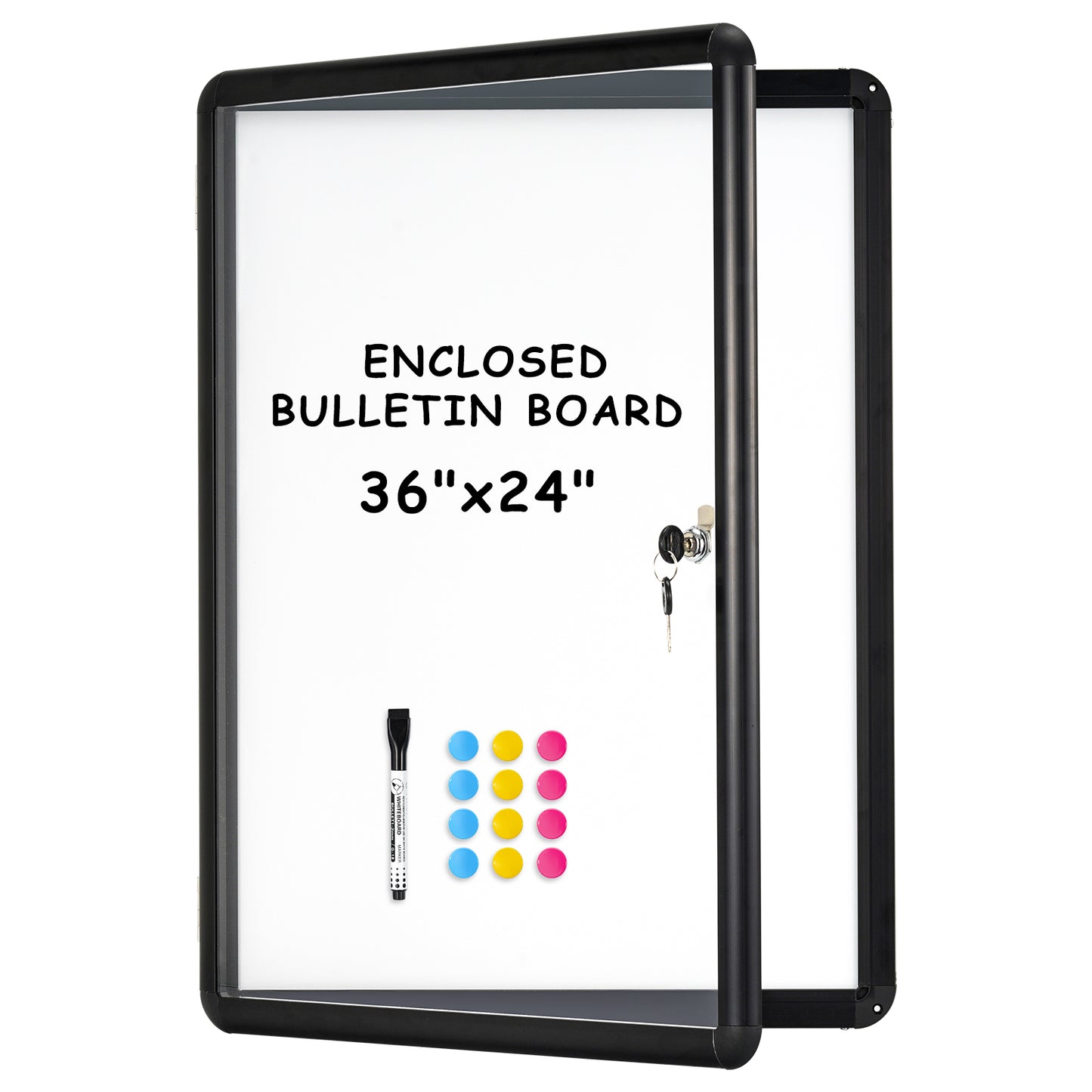 Tamperproof Lockable Magnetic Dry Erase Board 36"x24" Enclosed Notice Board, Black