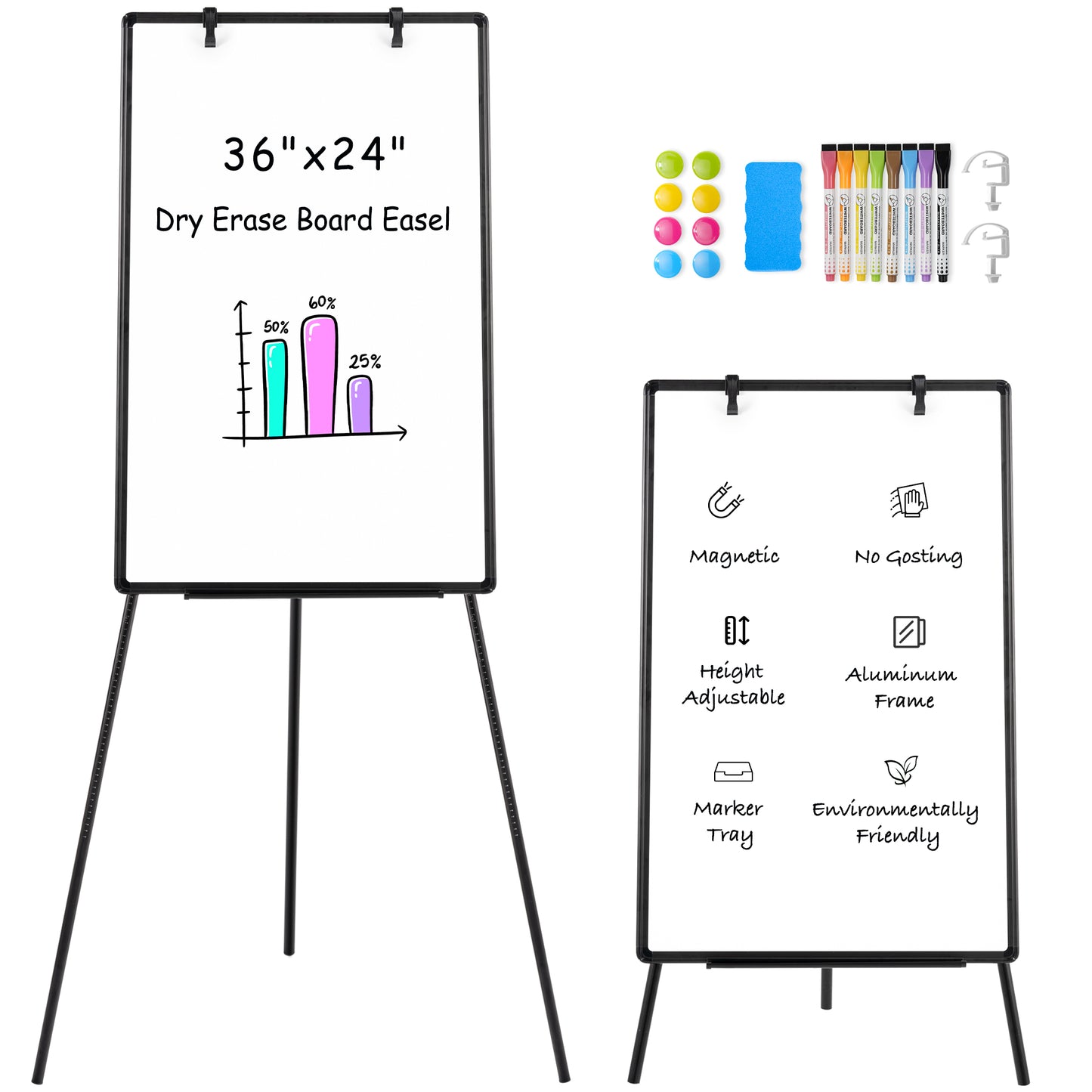 Whiteboard Easel with Stand 36" x 24" Height Adjustable Tripod Stand Portable Magnetic Dry Erase White Board