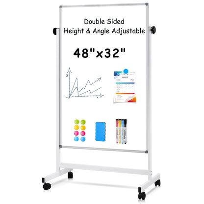 Rolling Whiteboard on Wheels, 48"x32" Height Adjustable Whiteboard Double-Sided Magnetic Dry Erase Board with Stand
