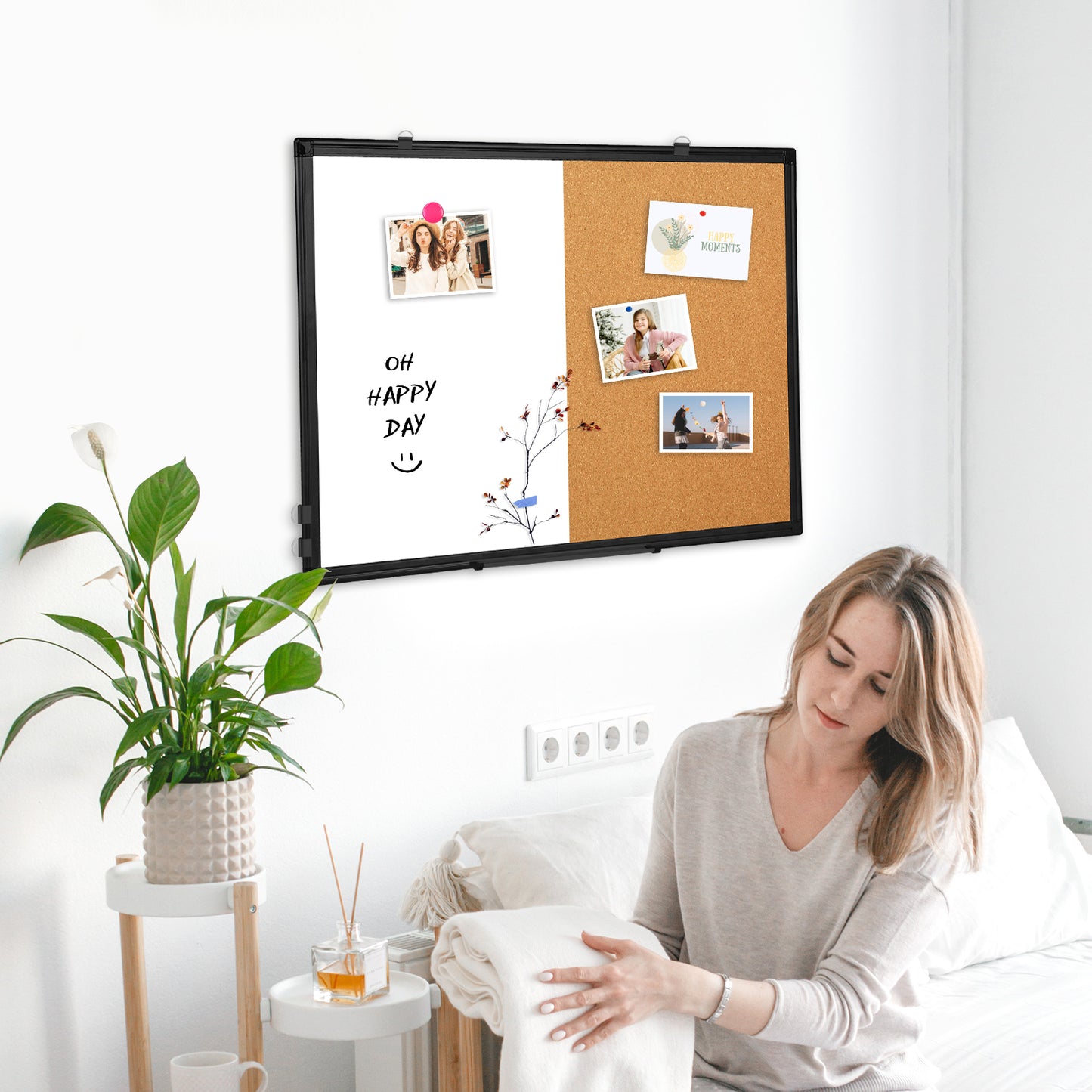 Whiteboard Corkboard Combo, Double-Sided Dry Erase Board with 4 Markers 6 Magnets 10 Pins 1 Eraser-Black