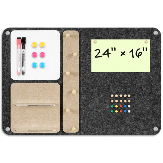 Felt Bulletin Board 24 x 16 In Foldable with Magnetic Whiteboard Dry Erase, Peg Board Acrylic Shelf, Horizonal Grey