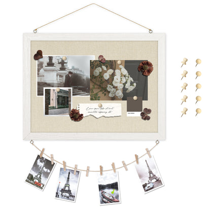 Linen Board 1-Pack 16''X 12'' Double-Sided, Wood Framed with 10 Pushpins, White