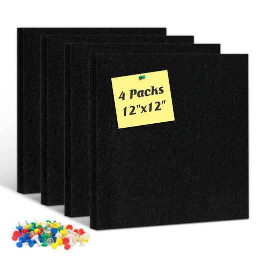 Felt Cork Board Tiles, 4 Packs 12" x 12" 1/2" Thick, Self Adhesive Acoustic Panels Soundproof with 40 Pushpins, Black