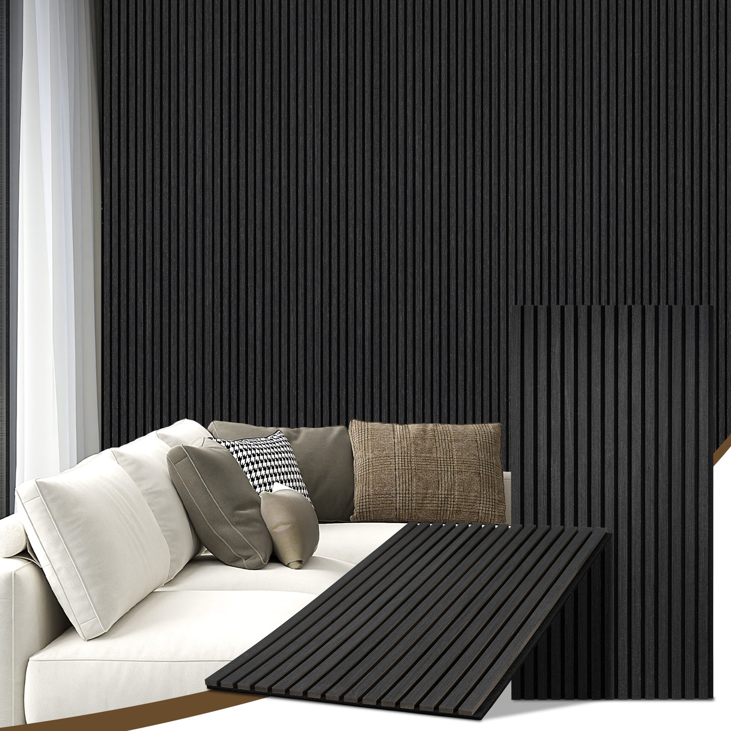 Wood Slat Acoustic Panels for Wall, 46.5" x 23.8" 2Pcs, Black Oak