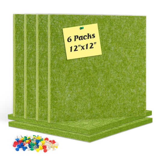 Felt Cork Board Tiles, 6 Packs 12" x 12" 1/2" Thick, Self Adhesive Acoustic Panels Soundproof with 60 Pushpins, Green