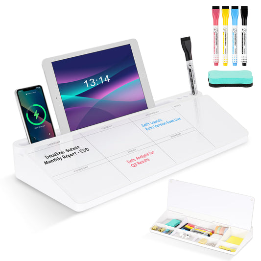 Glass Desktop Whiteboard with Storage, Dry Erase Glass Board Weekly Calendar
