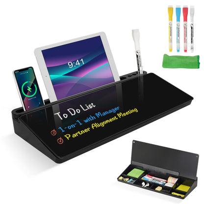 Glass Desktop Whiteboard with Storage Drawer, Black-black Box with 4 Markers 1 Rag