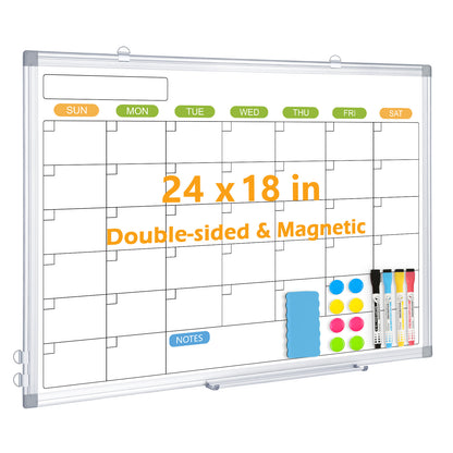 Magnetic Whiteboard Calendar for Wall, Double-Sided, with 4 Markers 8 Magnets 1 Eraser 1 Tray-Silver