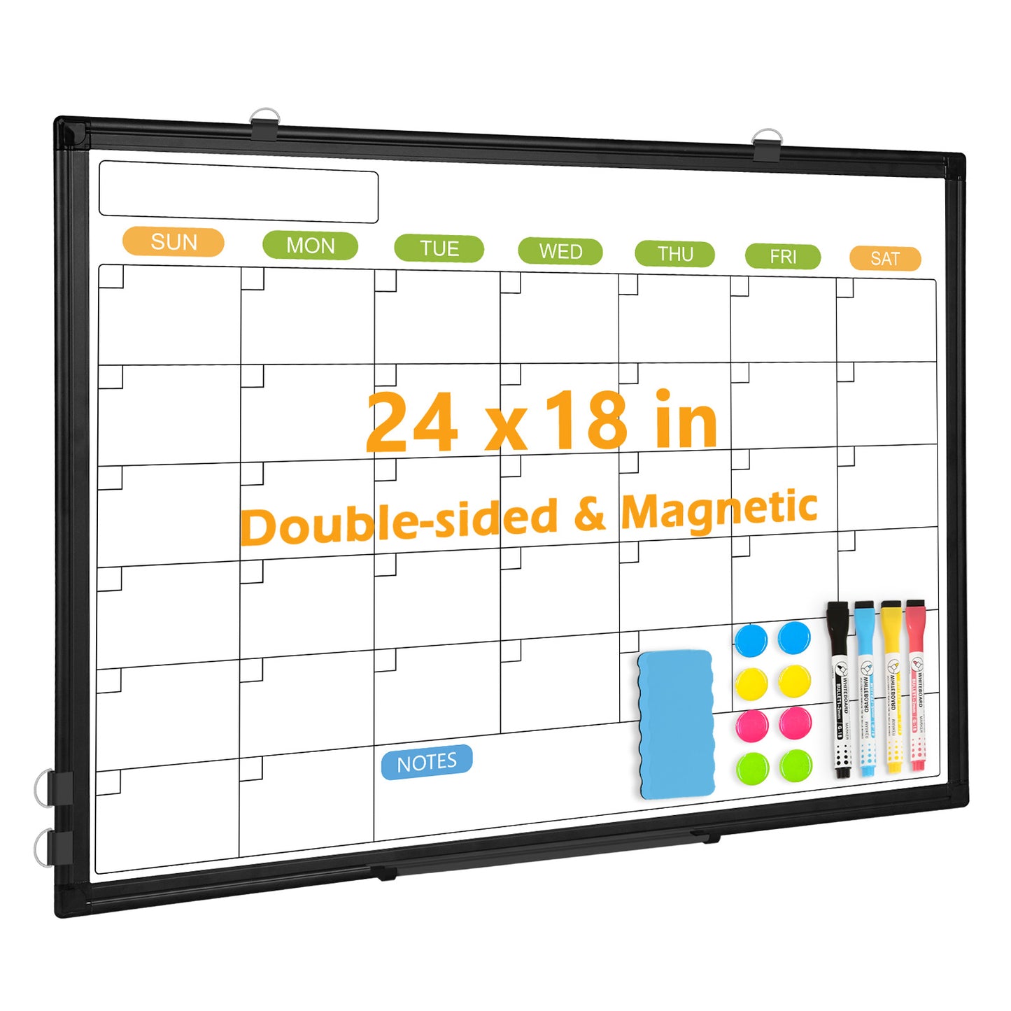 Magnetic Whiteboard Calendar for Wall, Double-Sided, with 4 Markers 8 Magnets 1 Eraser 1 Tray-Black