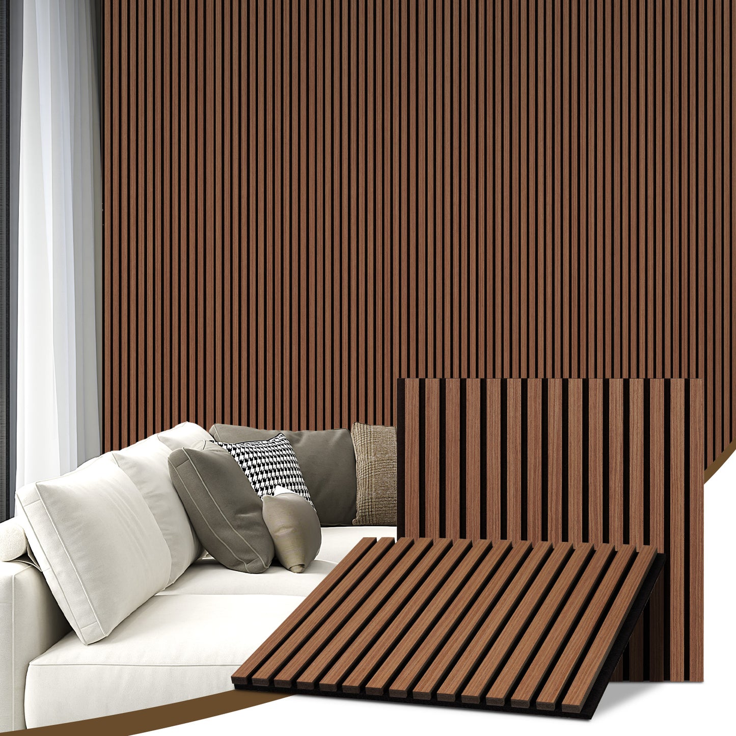 Wood Slat Acoustic Panels for Wall, 23.6" x 23.6" 2Pcs, Walnut